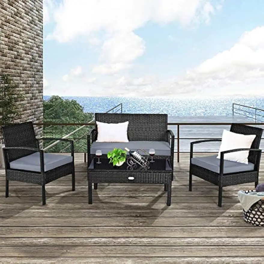 

4 Piece Outdoor Patio Furniture Set, All-Weather Rattan Sectional Sofa W/Removable & Washable Cushion, Modern Conversation Sofa