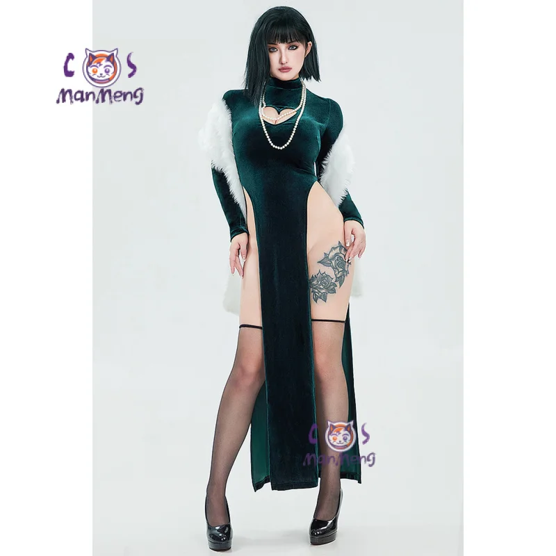 

Anime ONE PUNCH-MAN Fubuki Cosplay Costume Woman Sexy Deep Blue Chinese Cheongsam Dress Cloak Set Halloween Party Uniform