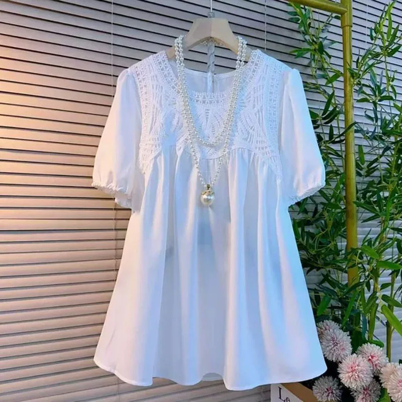 Verano Casual blanco Mujer blusa camisa Blusas Mujer De Moda 2025 Verano manga corta encaje gasa Blusa Mujer Tops