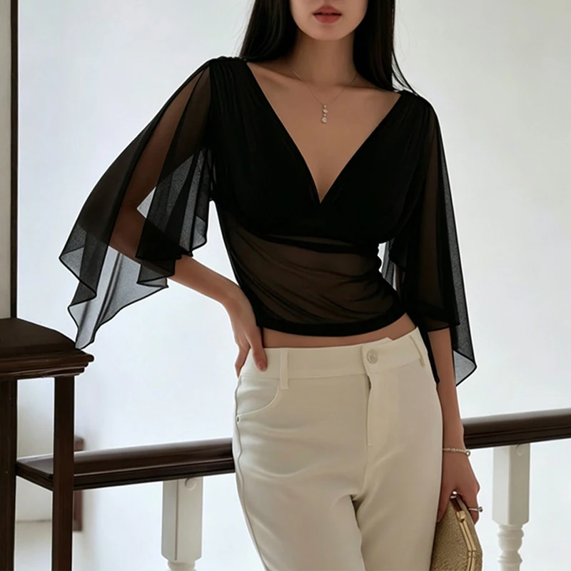 BKLD Fashion Elegant Women's Flowing Split Sleevs Deep V-neck Ruched Summer Sexy Slim Solid Sheer T-shirt Party Dating Lady Tops
