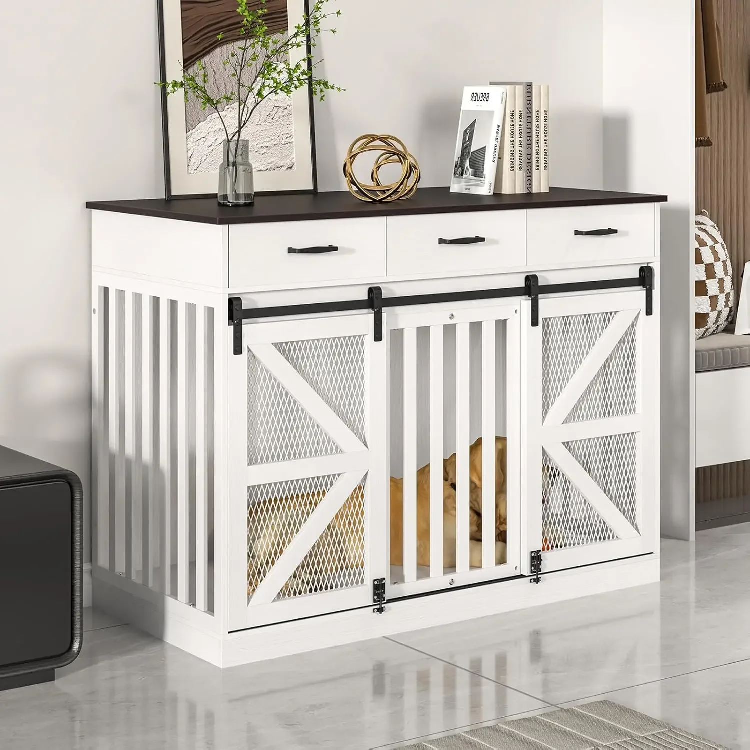 2-in-1 Farmhouse Dog Crate Furniture Wooden Large Dog Kennel with Drawers Storage Double Doors Indoor TV Stand Inner