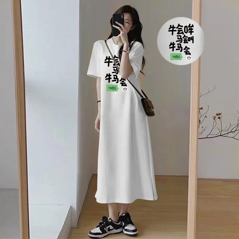 Women Casual Short Sleeve T Shirt Dress Funny Letter Print Loose Maxi Dress Side Split Oversized Summer Long Dress view 3