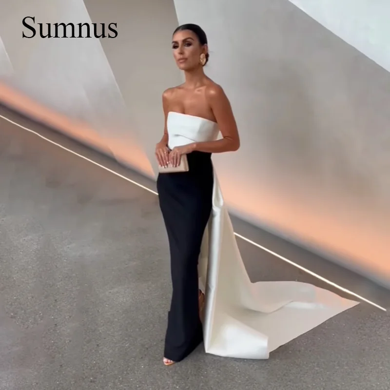 Sumnus-vestidos de noche de sirena de satén con retales, vestido elegante sin tirantes hasta el suelo, vestidos de fiesta para eventos, tren