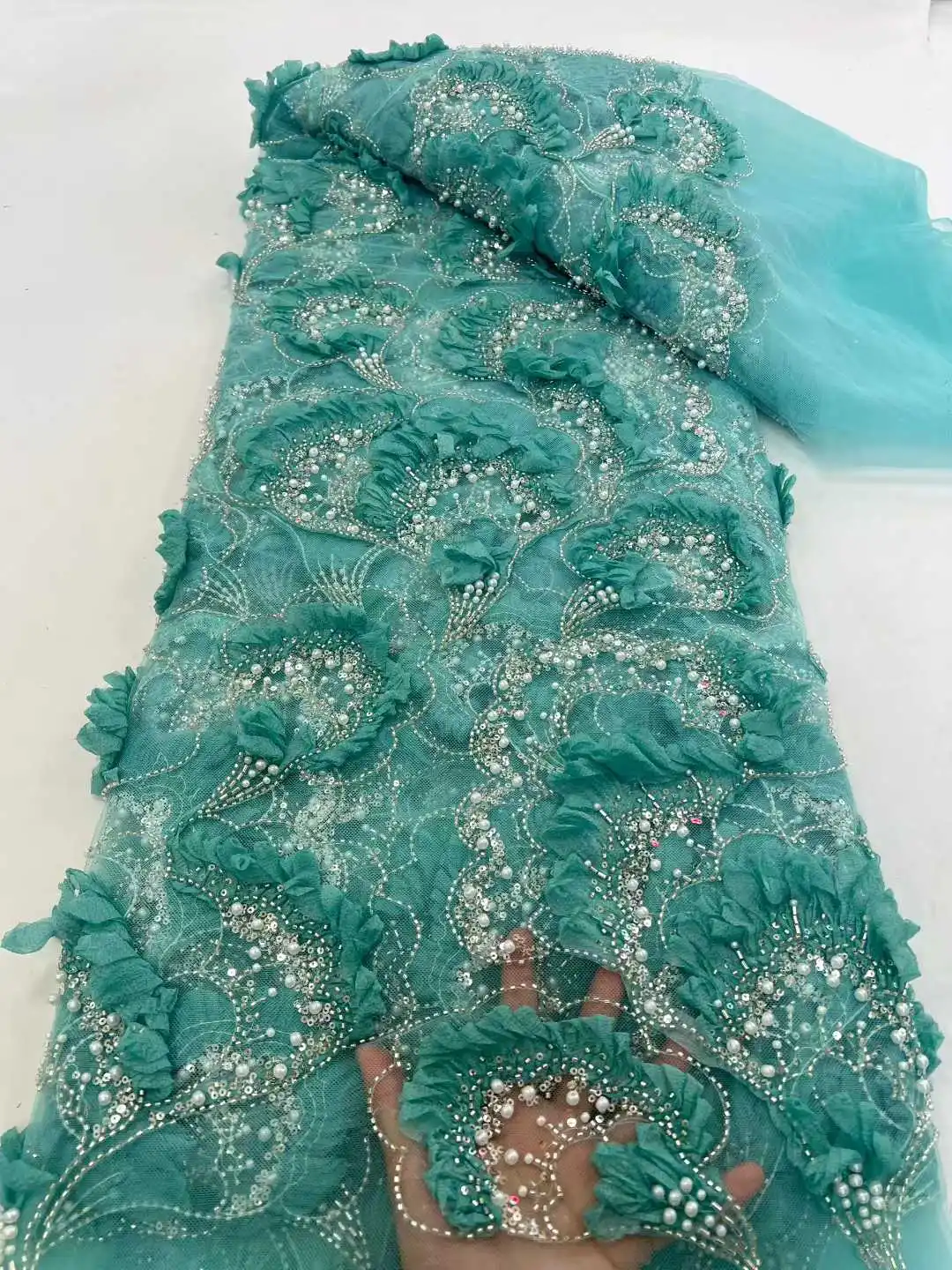 

2026 Luxury African Bridal Beaded Lace Fabric Latest 3D Flower High Quality French Nigerian Sequin Lace Fabric Wedding Dresses