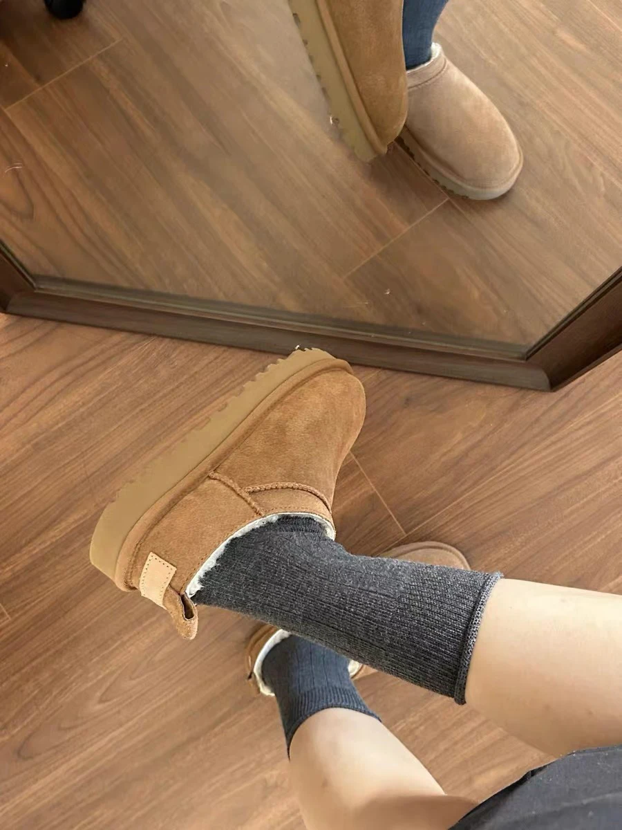 

Women's Low-Top Thi Bot Snow Boots Winter Warm Fce Lined Slip-On Fur Cotton oes Faionable ort eepskin Leather