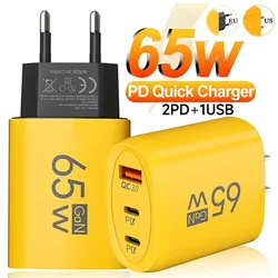65W GaN Type C Charger 3 Ports USB Fast Charging Wall Power Adapter QC3.0 For iPhone 15 16 Samsung Xiaomi Type C Phone Charger