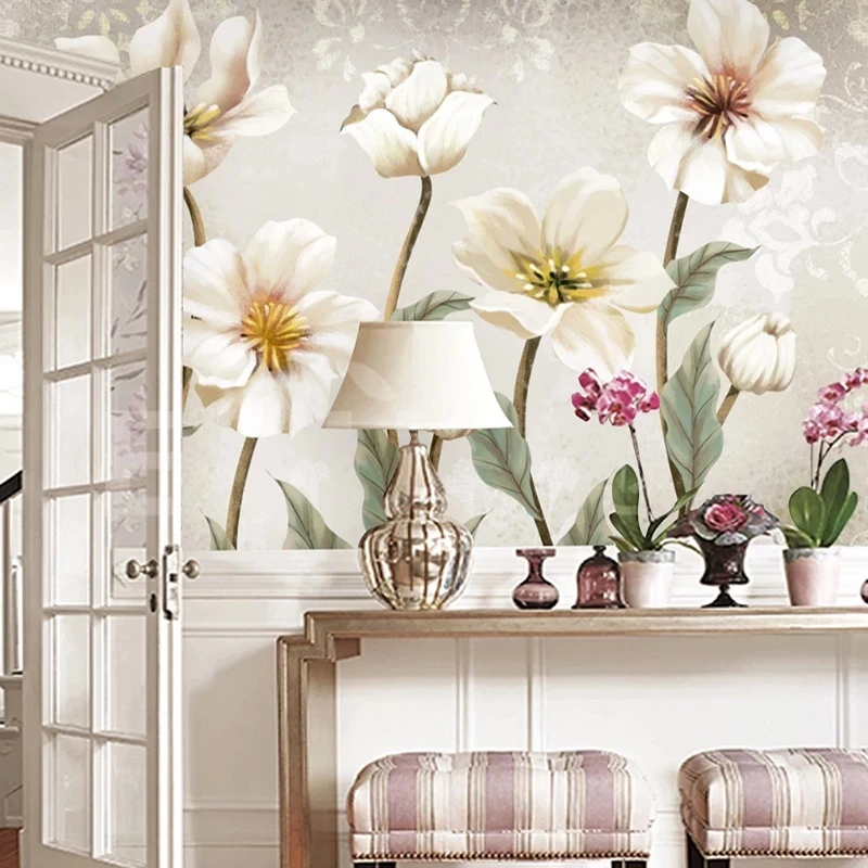 Customized Retro European Idyllic Hand painted Flowers 3D Mural Wallpaper Living room sofa TV background wall bedroom restaurant