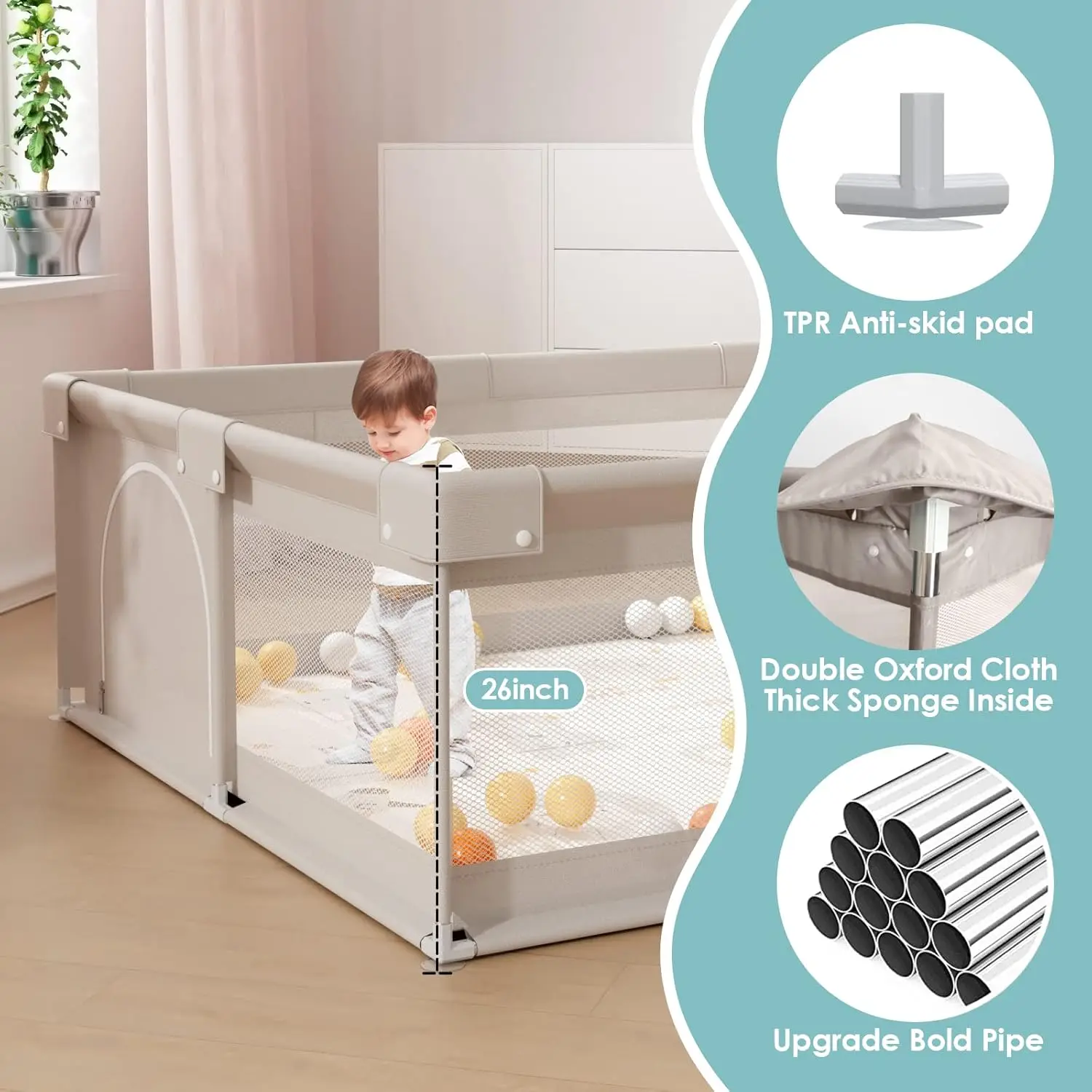 Parc bébé avec tapis, 59x59 pouces parc pour bébés et tout-petits, stylo de jeu pour enfants, cour de jeu pour nourrissons avec porte
