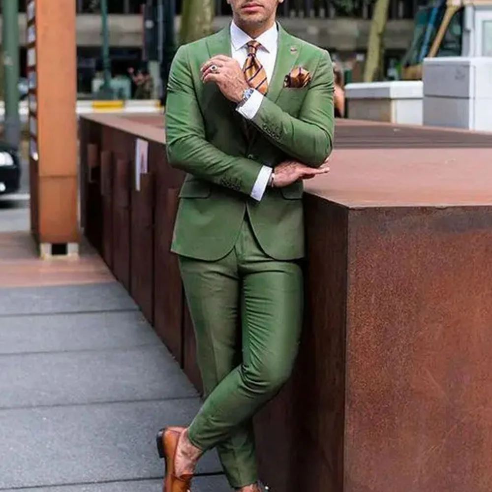 

Fashion Chic Green Suits For Men Single Breasted Notch Lapel 2 Piece Jacket Pants Tuxedo Business Gentleman Banquet Full Set