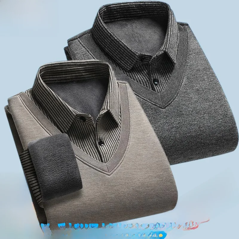 

Men's Casual Thiened Fce Lined irt mid Aged And ly High End False Two Piece Long Sve Striped Sweatirt