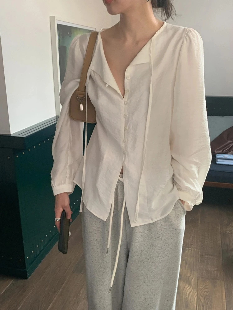 

Женская рубашка в стиле Lazy Style с рукавами-фонариками, на одной пуговице, с бантом, весна-лето, повседневная, удобная, дышащая, нейлоновая, с длинным рукавом