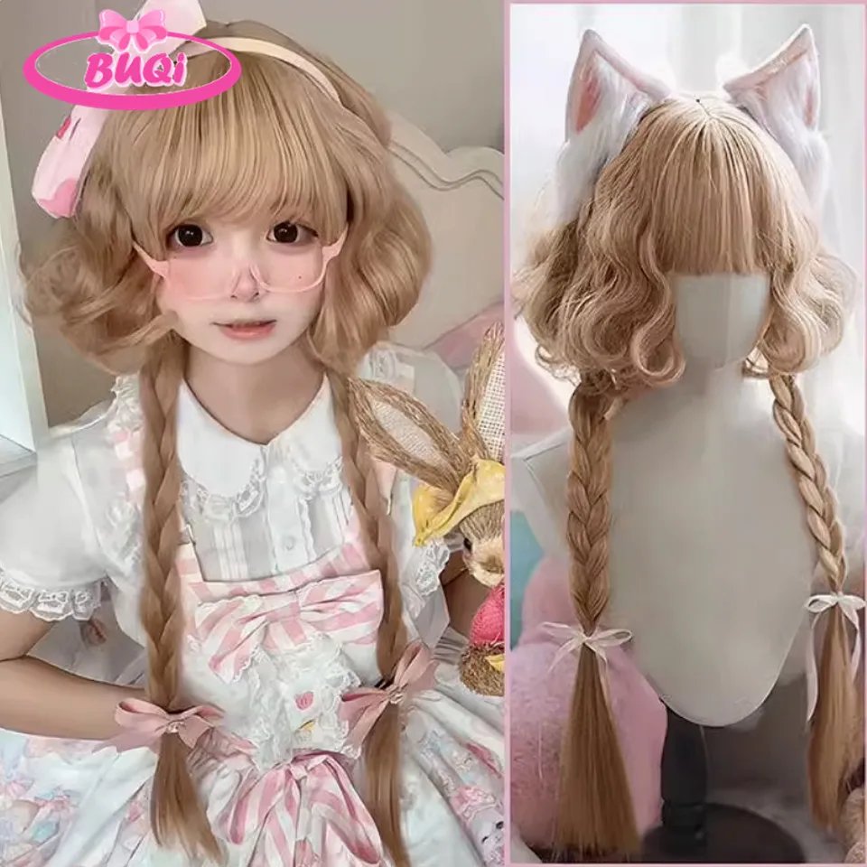 LM Blonde Golden Wavy Synthetic Wigs with Long Bangs Cosplay Lolita Party Hair Wigs for Women Natural Heat Resistant