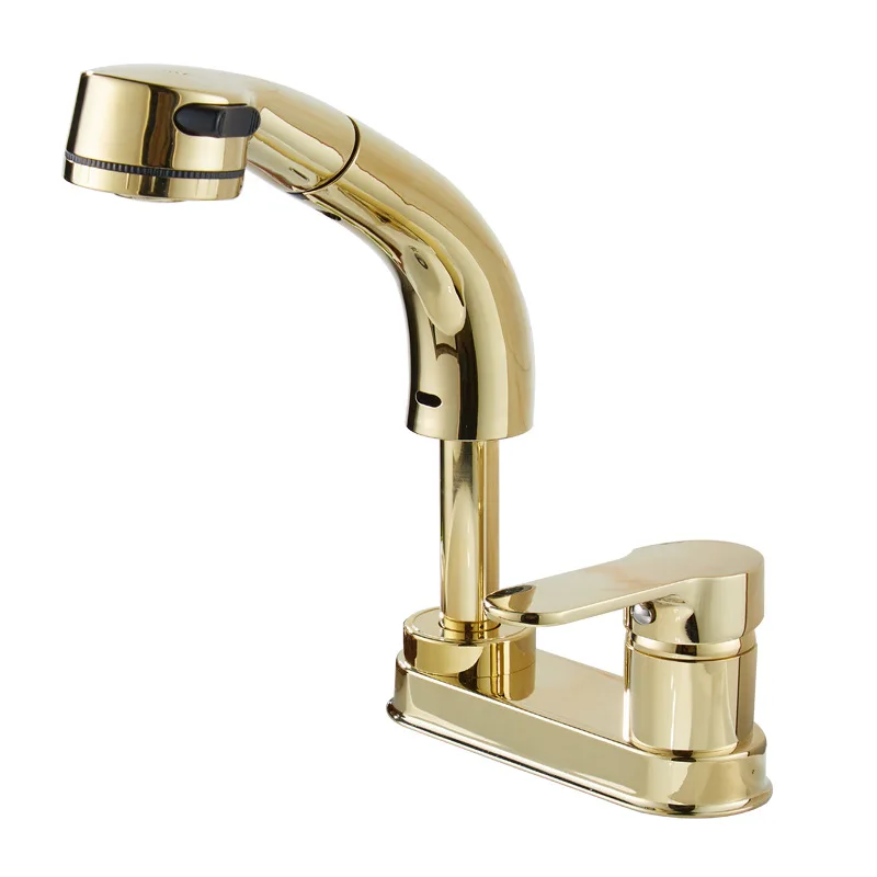 

All-copper double-hole pull-out basin hot and cold faucet, lifting and retractable shower shampoo