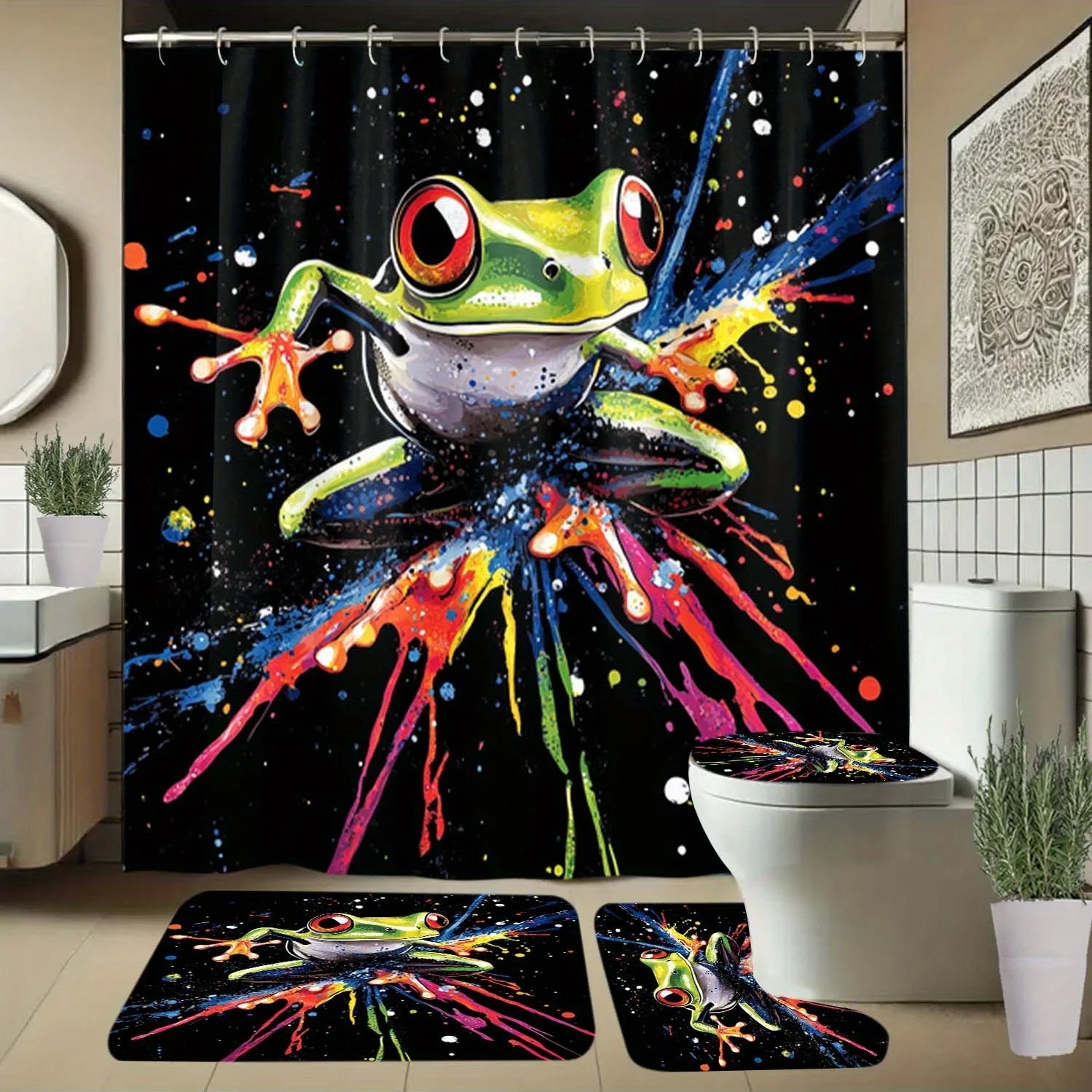 

4pcs Frog, Ink Splatter Color Pattern Shower Curtain with Hooks, Bathroom Partition Curtain, Bathroom Accessories, All-Seaso