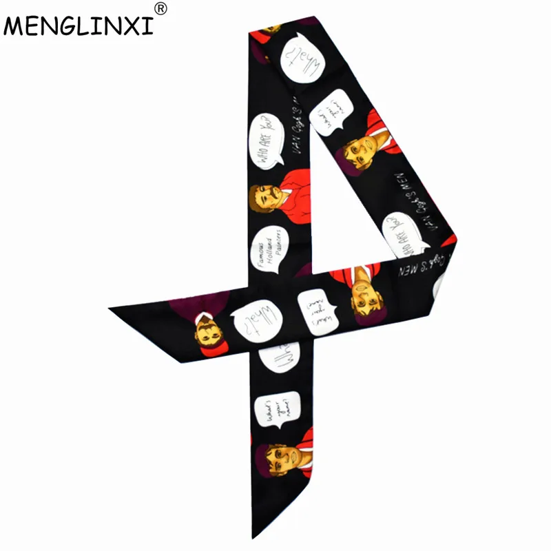 

2024 New Cartoon Character Dialogue Print Women Silk Scarf Fashion Head Scarf For Ladies Brand Small Tie Bag Ribbons Scarves