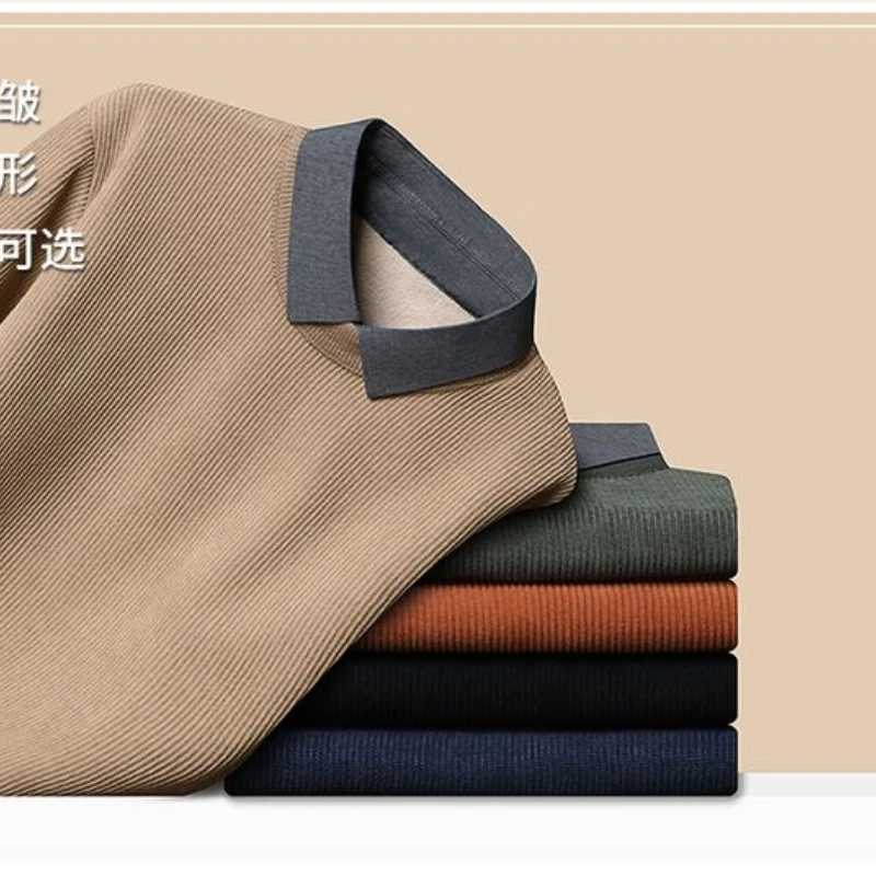 Hot Fleece-lined Winter Long Sleeve T-shirt, Daily Loose Casual Shirt, Knit Sweater with Woven Shirt Collar and Knit Body