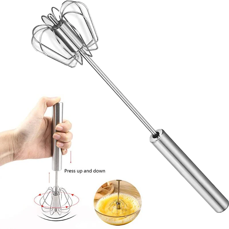 Household Semi-Automatic Whisk Rotation 304 Stainless Steel Hand-held Whisk Kitchen Tool