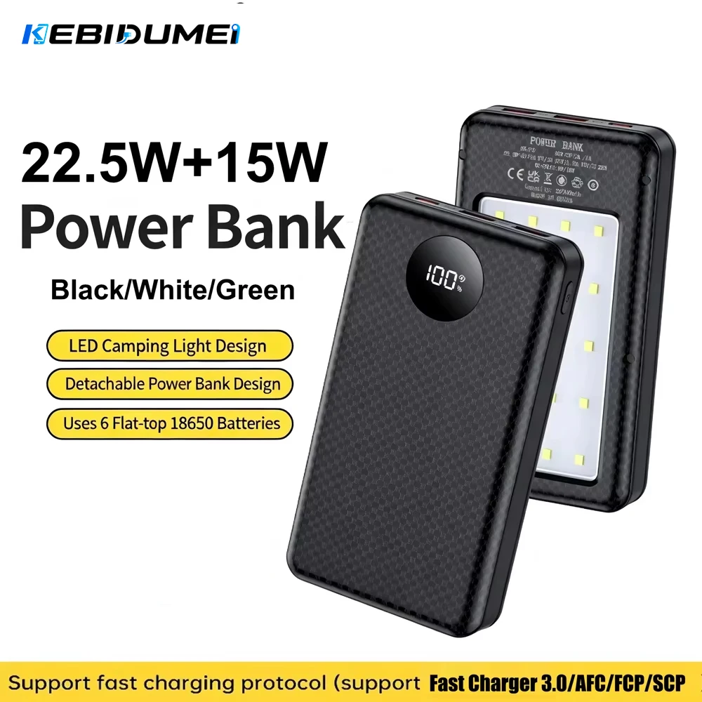 Image of KEBIDUMEI 18650 Batterie-Powerbank 22,5 W + 15 W Schnellladebox Dual USB Typ C Ladehülle mit Campinglicht für Telefon