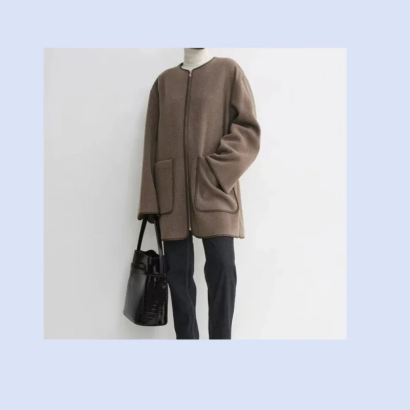

Nordic new casual luxury minimalist felt wool zipper round neck jacket top