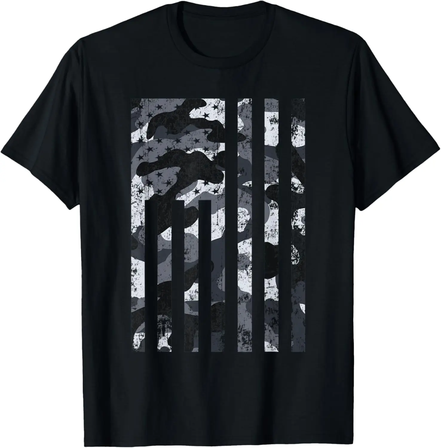 American Flag Black & White Camo Distressed Patriotic USA T-Shirt