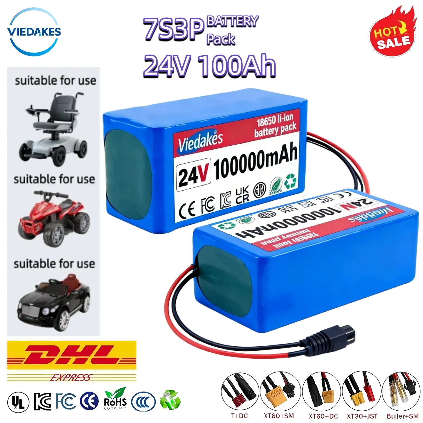 

VIEDAKES Brand New Durable 24V 100Ah 7S3P 18650 Battery Pack Lifepo4 24v batteries Power Bank For Electric Tool Kit