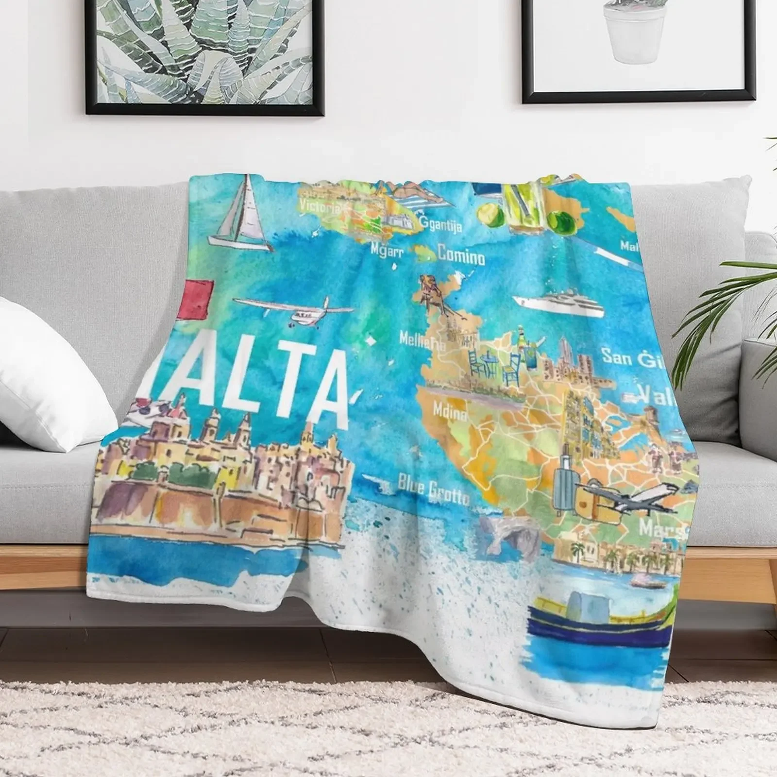 Malta Illustrated Island Travel Map with Roads and Highlights Throw Blanket Designers Baby for sofa Beautifuls Blankets