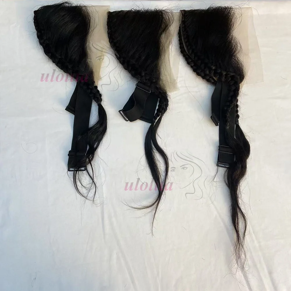 Natürliches Haar 13x4 Gerade Lace-Frontalperücke mit Zöpfen, Remy Brasilianisches Echthaar, Lace-Frontalperücken für Stirnbandperücken – Detail 13