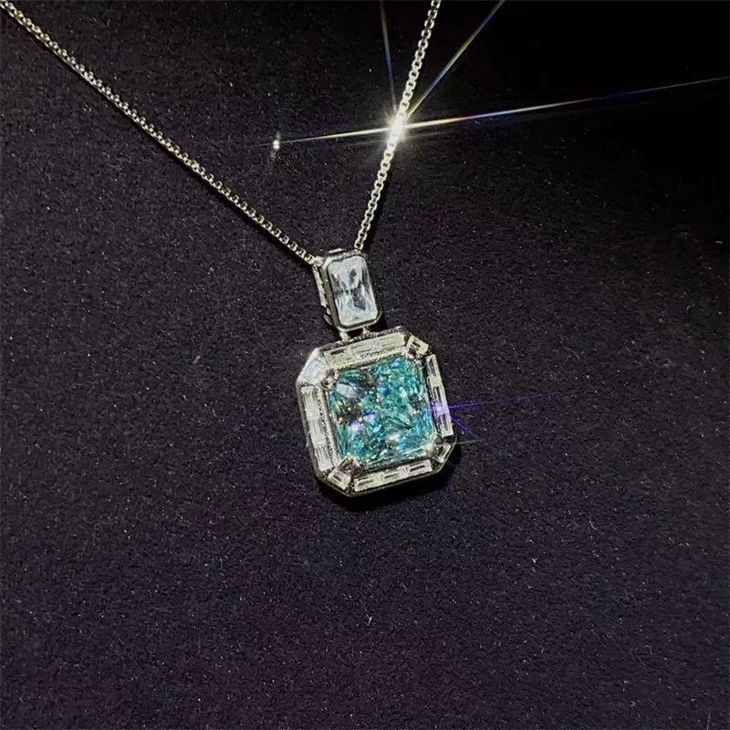 Luxury white gold solid platinum PT950 sea blue moissanite necklace 2 carat diamond pendant colored diamond pendant gift