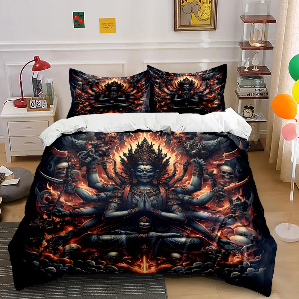 Multi-armed deity with flames and skulls Bedding Set for Kids Luxury Gift 3pcs Digital Print Comforter Set Soft Comfortable