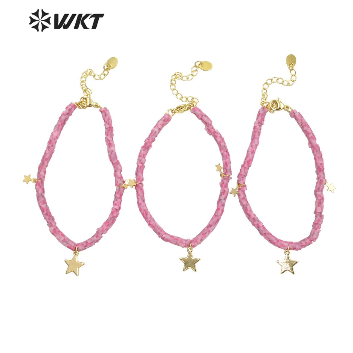 WT-MPB065 Wholesale gold 4mm beads pink Symphony Star charm Bracelets Women charming boho vintage vacation jewelry bracelets