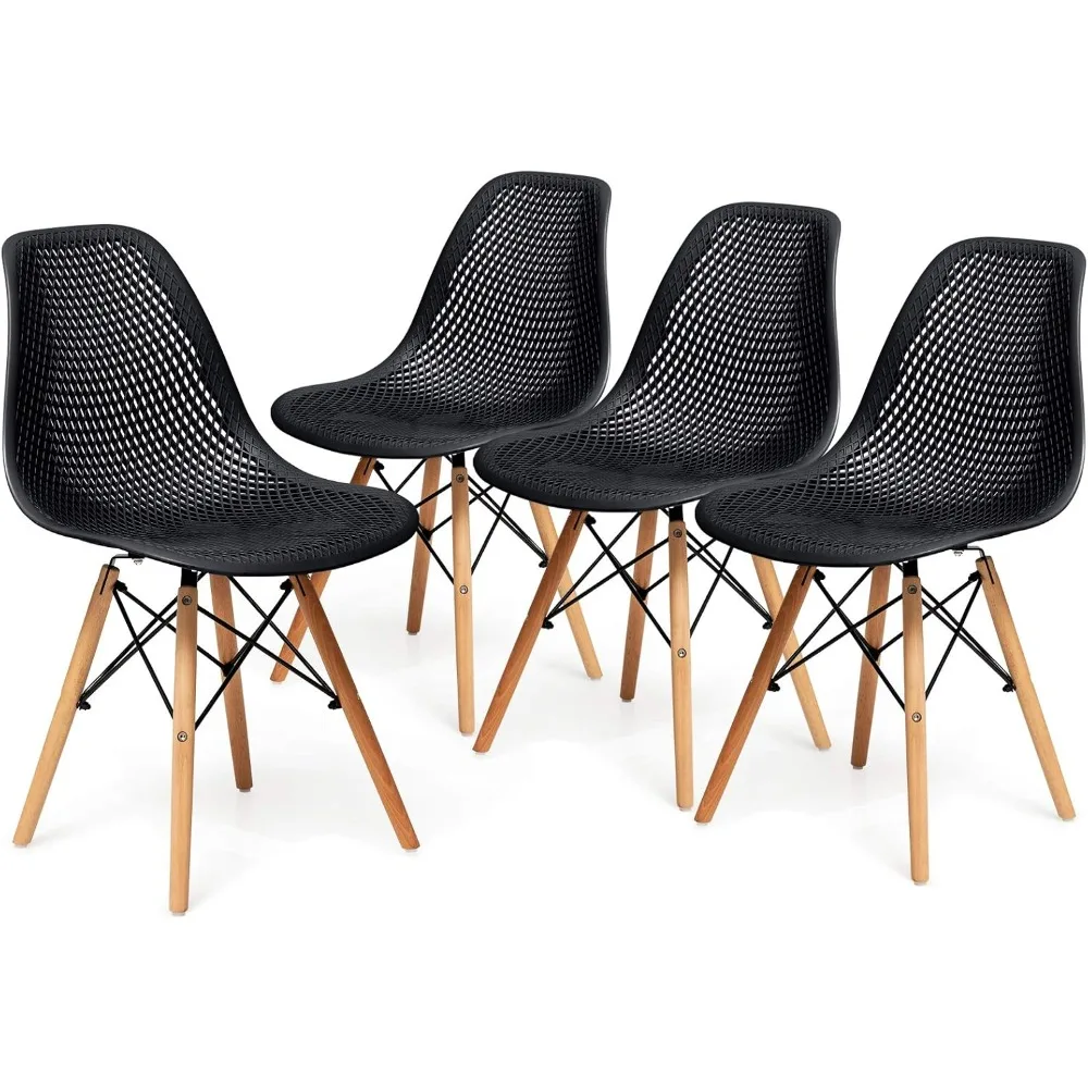 

Set of 4 Modern Dining Chairs, Outdoor Indoor Shell PP Lounge Side Chairs with Mesh Design, Beech Wood Legs, Tulip Leisure Chai