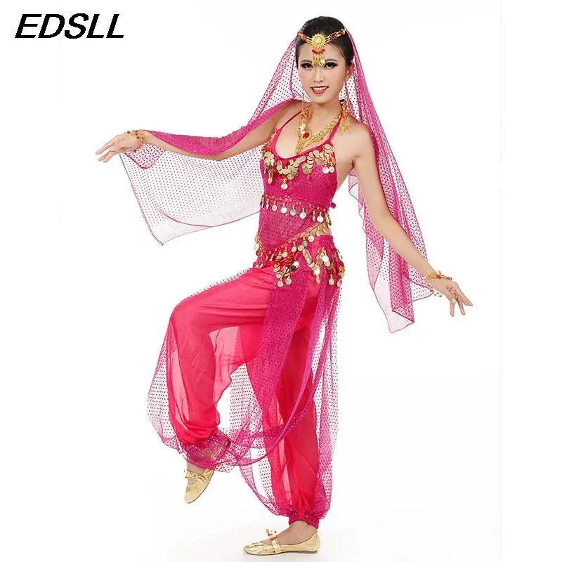 3Pcs 8 Colors Ladies India Arabian Stage Coins Lace-up Back Top+ Harem Pants+Head Scarf Outfit Set Belly Dance Performance Set