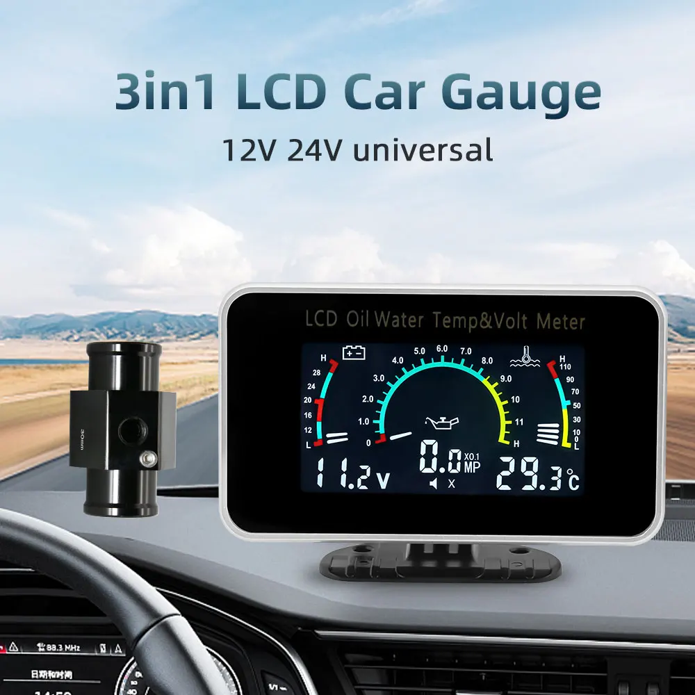 AD 3 In 1 LCD Automobile Digital Water Temperature Gauge Oil Pressure Gauge Voltmeter Water Temperature Sensor Adapter for Car