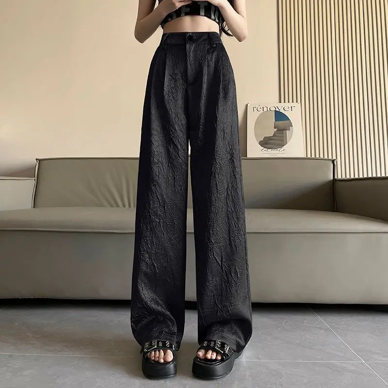 Wrinkled high-end suit with wide legs for women in summer 2024, loose and casual high waisted straight leg draping pants