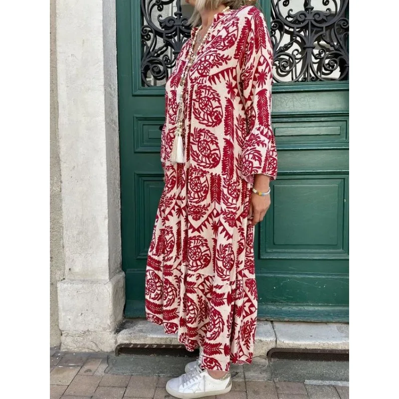 Women\'s Oversized Geometric Printed Pattern Loose Long Dress V-neck Street Casual Long Sleeved Loose Oversized Long Dress