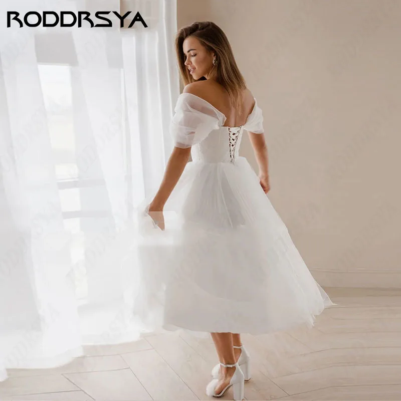RODDRSYA Short Tulle Princess Wedding Dress Tea Length Off Shoulder Lace Up Back Bridal Gowns Customisze Civil Robe De Mariage