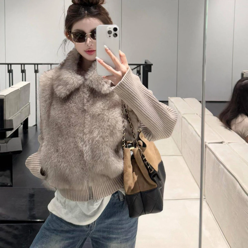 Winter New Style Korean High End Fashion Fur Womens Detachable Knit Sleeve Fluffy Coat Elegant Chic High Street Eco Friendly Fur