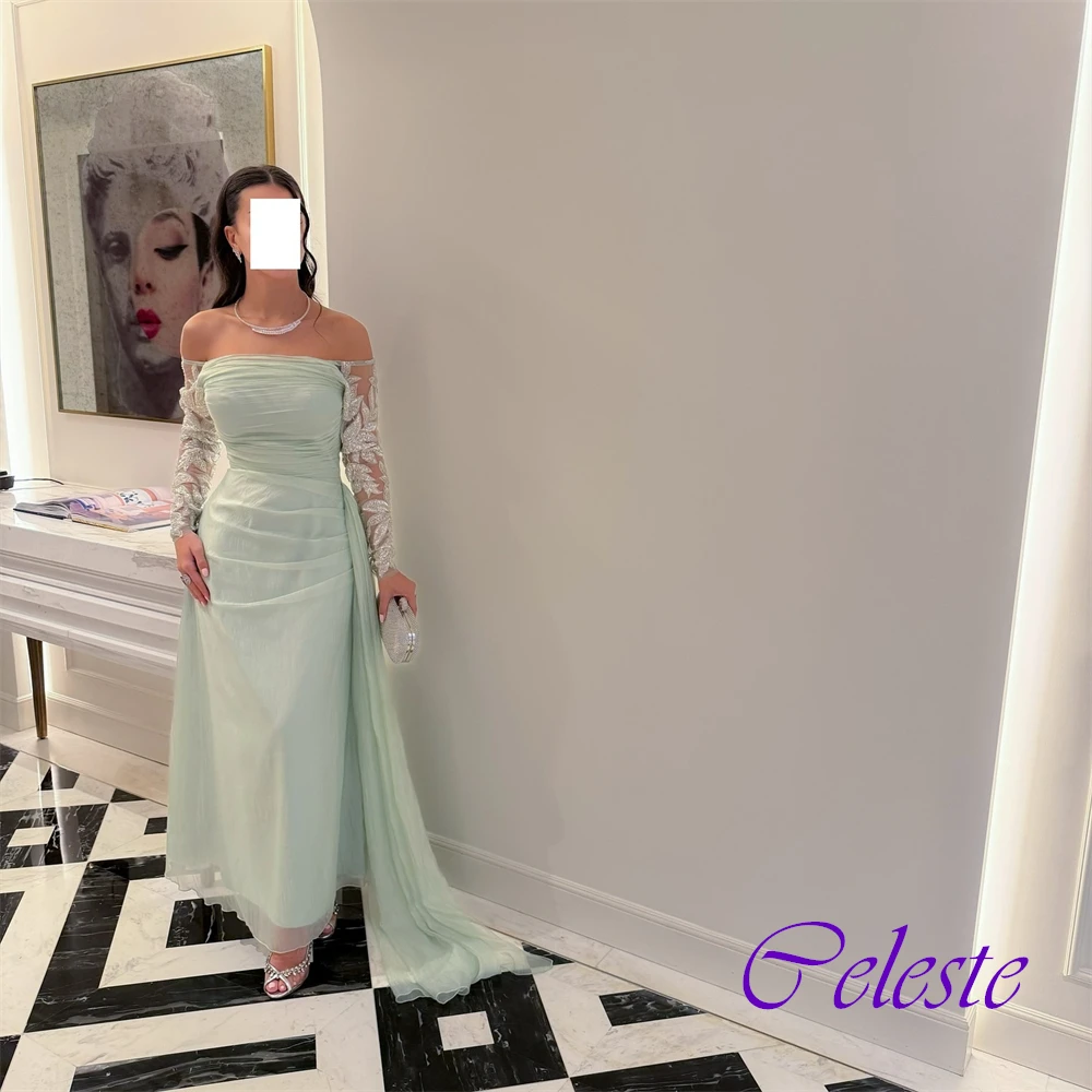 Gaun Malam Lurus Organza Lengan Panjang Bahu Terbuka Kustom Gaun Pesta Kristal Berkilau Gaun Acara Khusus