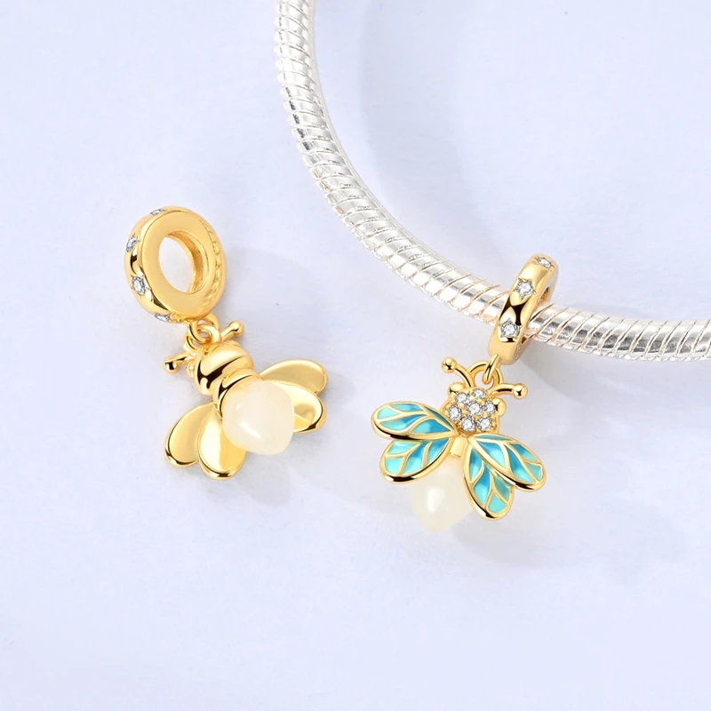 Inlaid Zircon Charm Beads 925 Sterling Silver Bee Glow In The Dark Firefly Star Charms Pendant Fit Original Bracelet DIY Jewelry