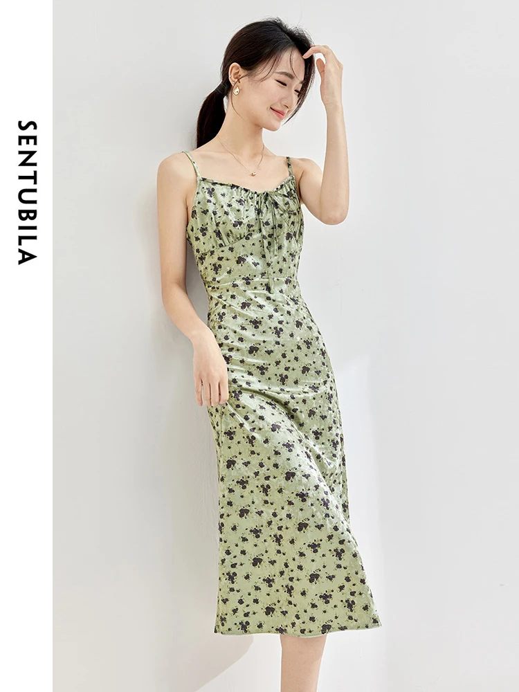 

SENTUBILA Velvet Printed Slim Sleeveless Dress 2024 Summer Gentle Lace-up V Neck Floral Camisole Dresses Clothing 133L52013