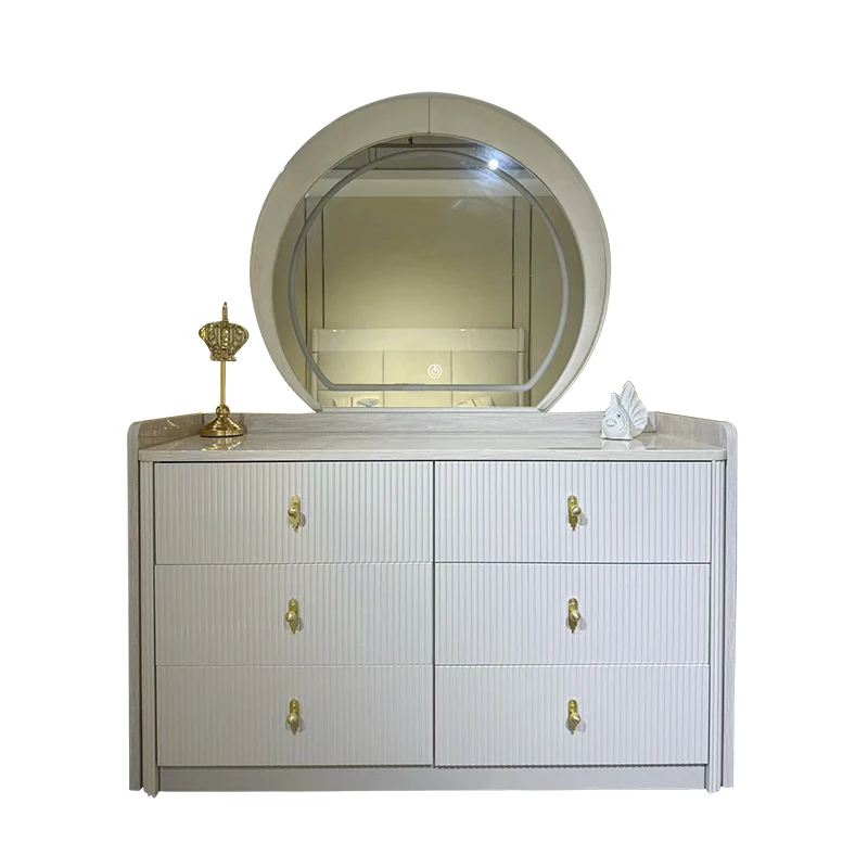 Simple Modern White 6 Drawer Dresser Cabinet Desk Bedroom Furniture Wooden Luxury Light Emitting Diode Mirror