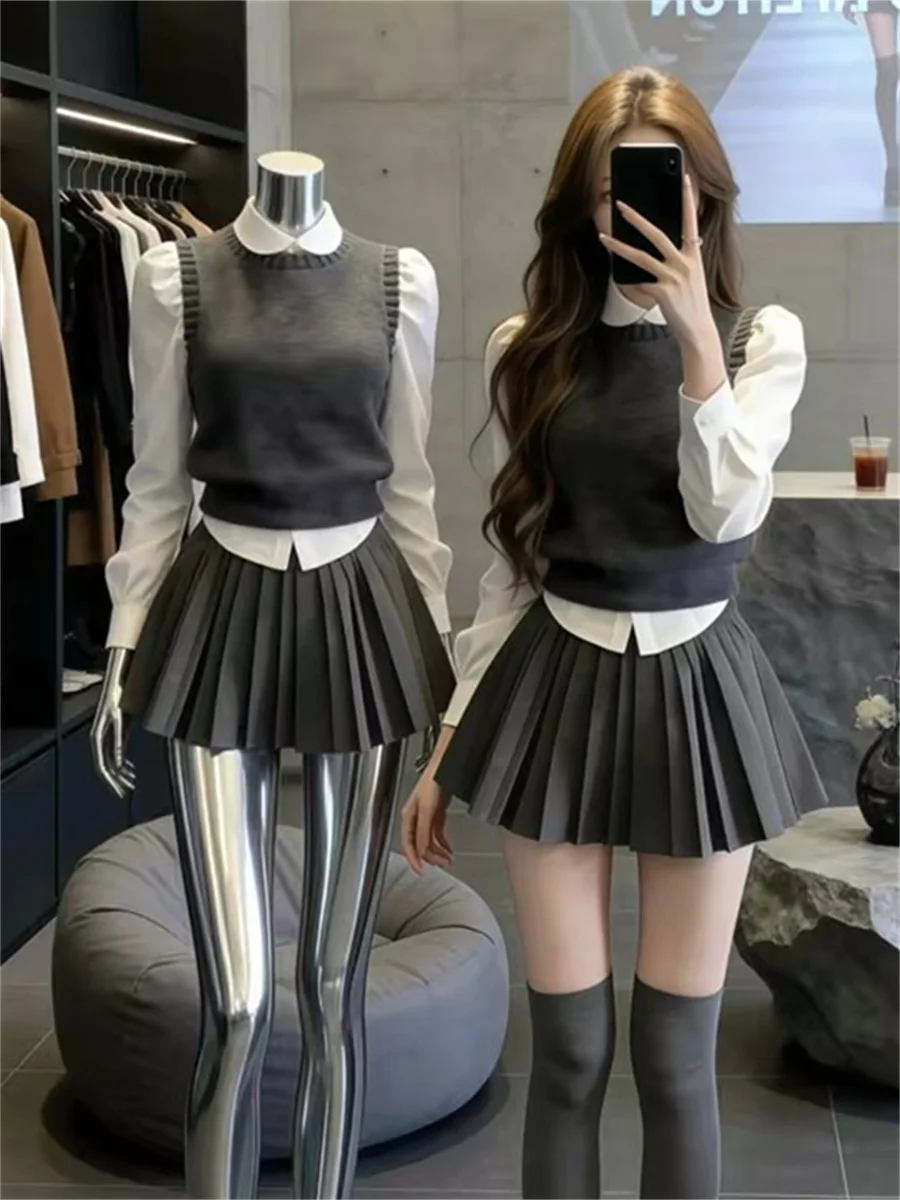 

Korean College Sle Women's Spring New ey Knitted Vest White irt Pleated Skirt Tee-Piece Set Faionable Warmth