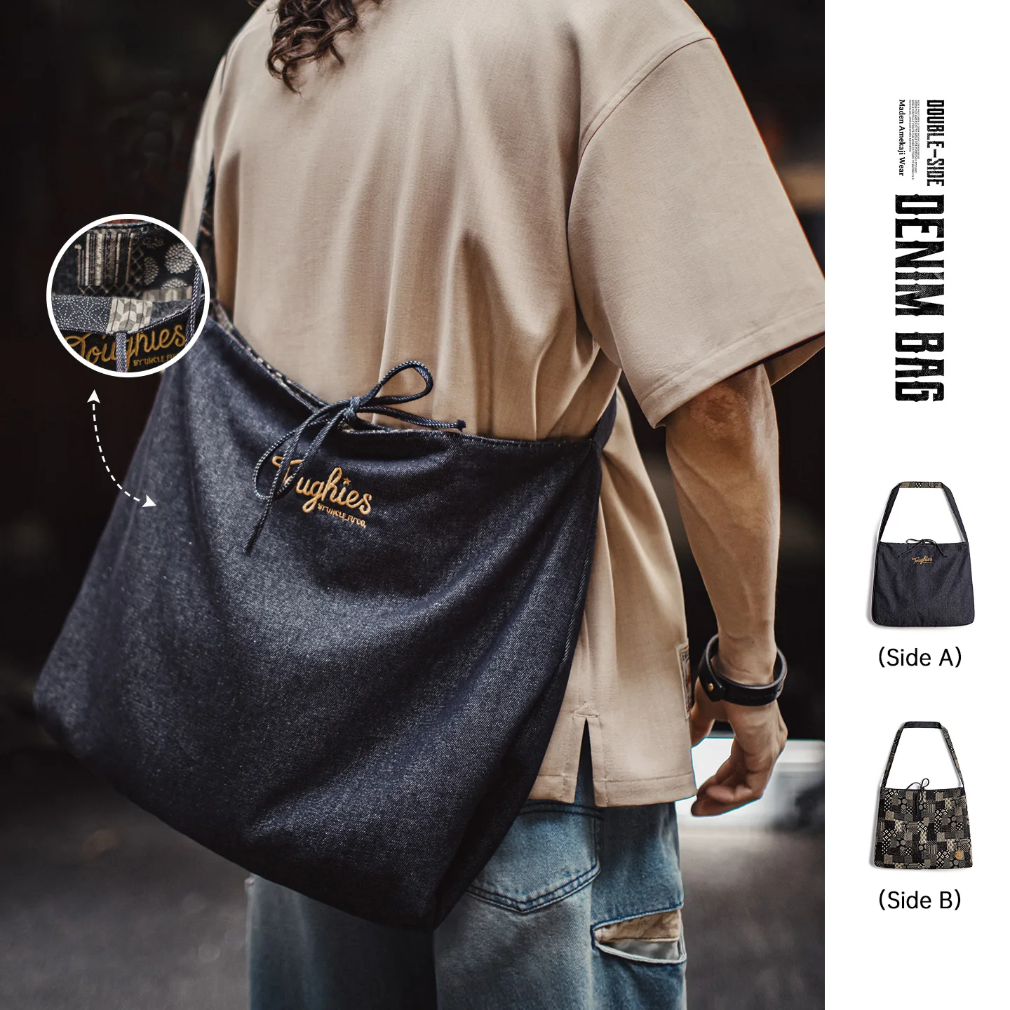 MADEN Reversible Denim Tote Bag Men's Large Capacity Crossbody Shoulder Bag Dual-sided Jean Tote Commuter Unisex Portable Casual