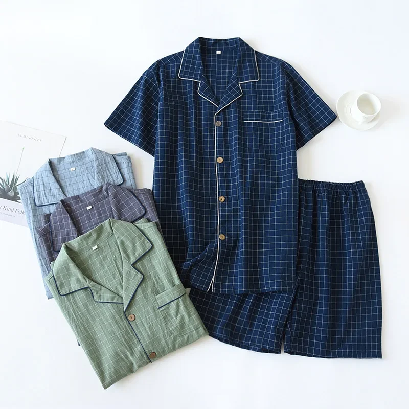 

2025 Men's Pajamas Summer Thin Short-sleeved Shorts Washed Cotton Simple Japanese Plaid Home Service Suit Pantalon Pijama Hombre