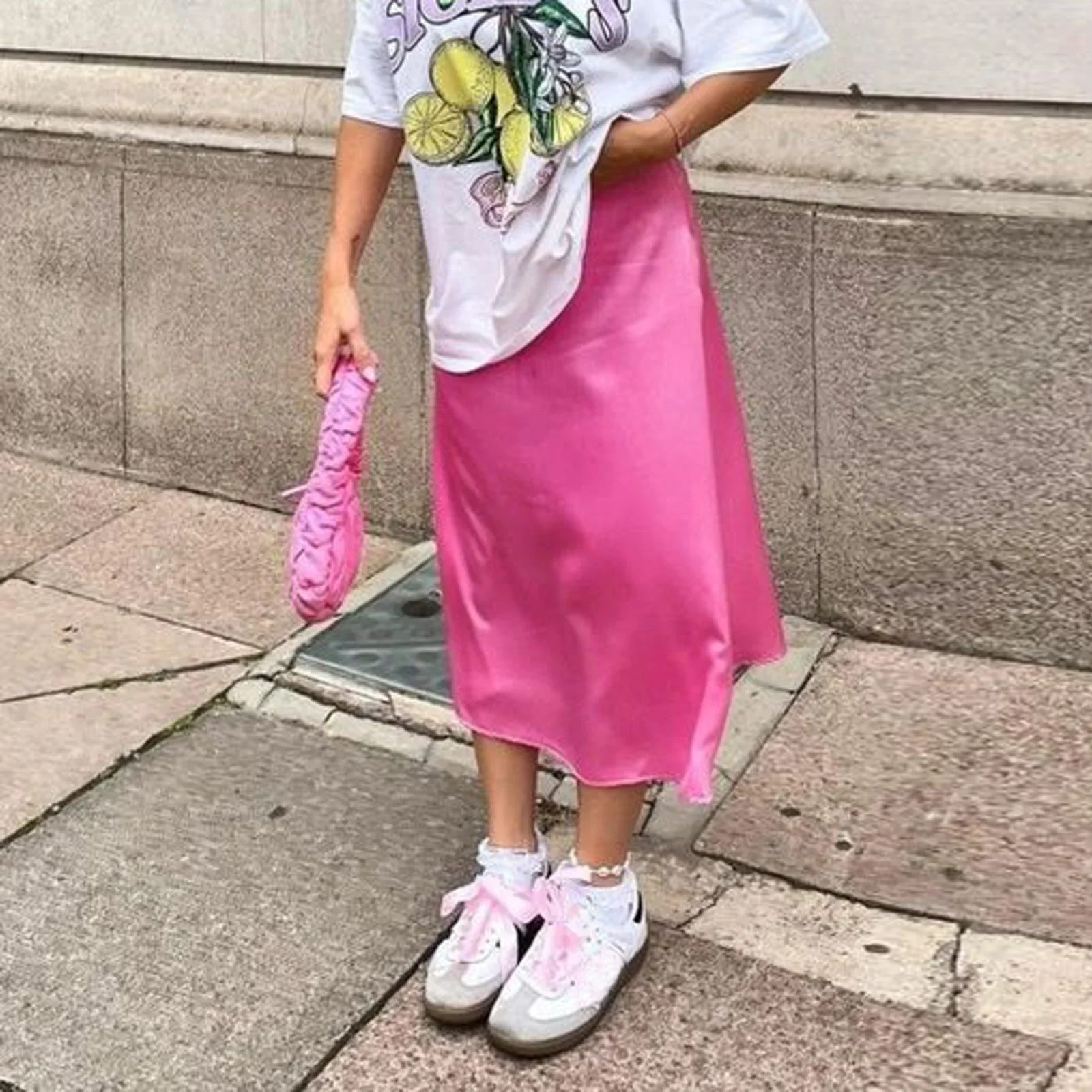 2024 Letnia satynowa spódnica midi Moda damska Koreańska elegancka długa spódnica z wysokim stanem Szykowna damska dama biurowa