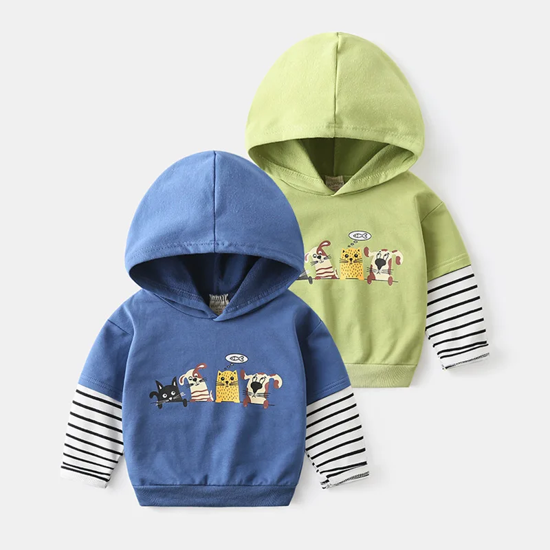 

Kids' Color-Block Striped Cartoon Print Hooded Sweatshirt Spring Autumn Boys' Long Sleeve Pullover Hoodies Casual Top, Ages 2-7