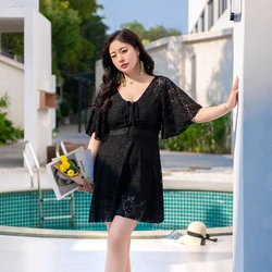 2023 Lace Swimming Suit for Women Black Plus Size 2XL-9XL Swimsuit One Piece Ladies Short Sleeve Swimwear Swim Dress Bathingsuit