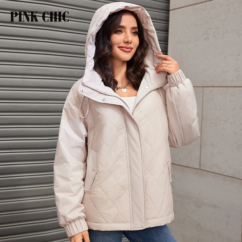 PINK CHIC Spring 2024 Women\'s Parka Jacket Loose Track Women\'s Jacket Fashion Jacket Quilted Thin Cotton S3056