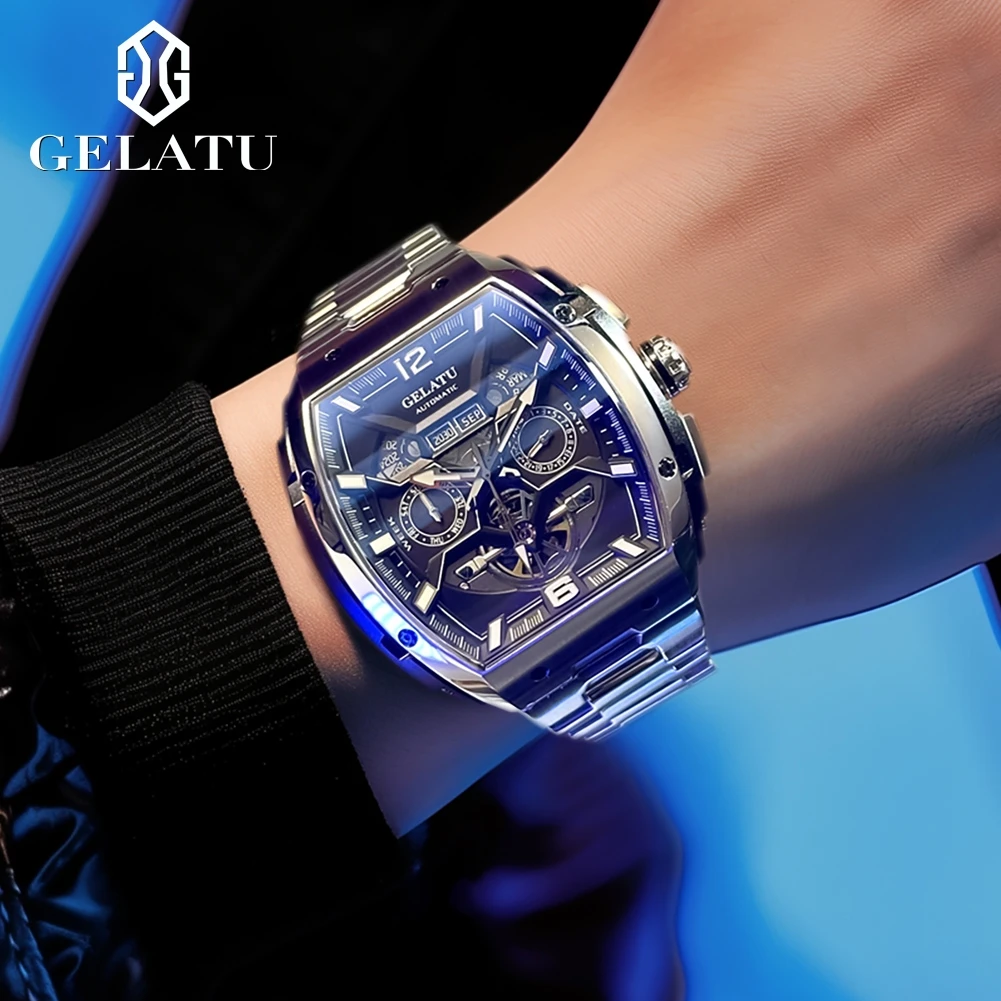 GELATU 6013 Men Watch Luxury Original Hollow out Men's Automatic Mechanical Watch Skeleton Waterproof Watch Men Sports Watch