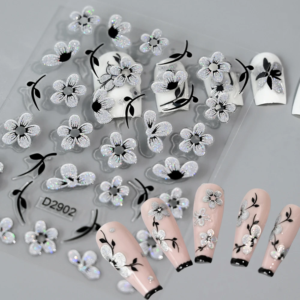 5D Sparkling Silvery Floral Nail Art Stickers Self-Adhesive Glitter Hibiscus Cherry Blossom Spring Summer Floral Nail Art Decora